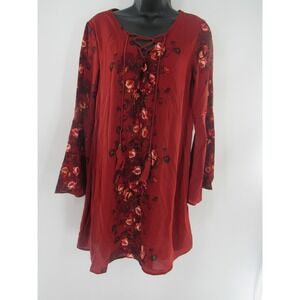 Taylor Sage Red Floral Lace Up Bell Sleeve Bohemian Hippie Dress Size Medium